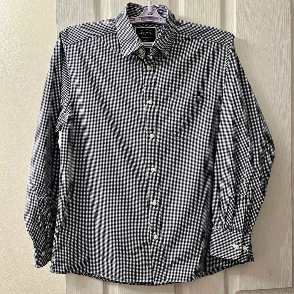 Charles Tyrwhitt Button Down Men's M Navy Blue Gingham Classic Fit Non-Iron